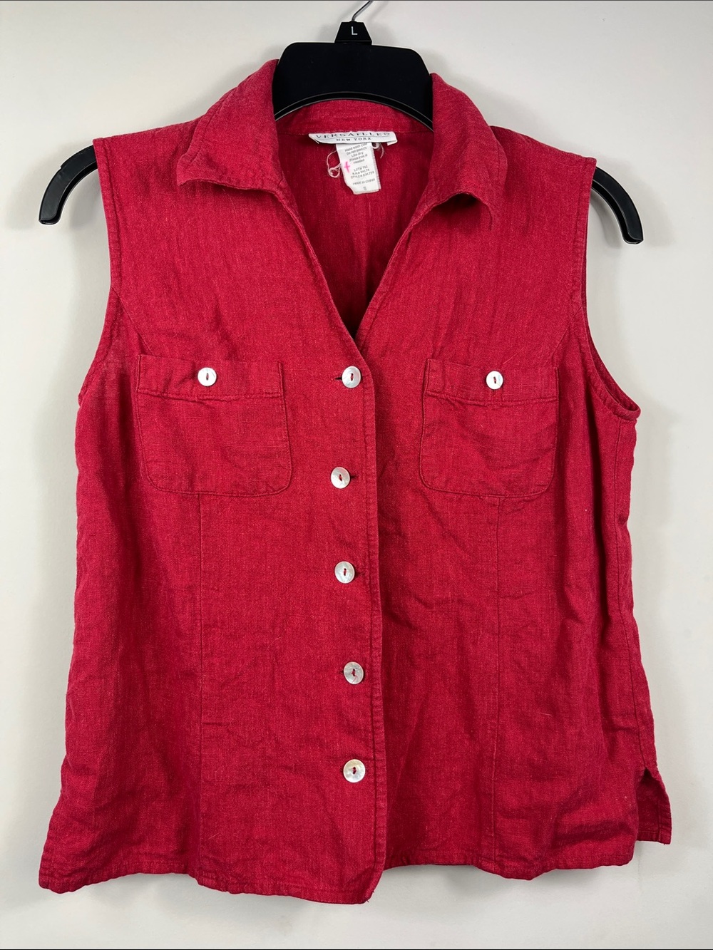 Versailles Red Linen Sleeveless Button Down Top | Collared Summer Blouse Size S